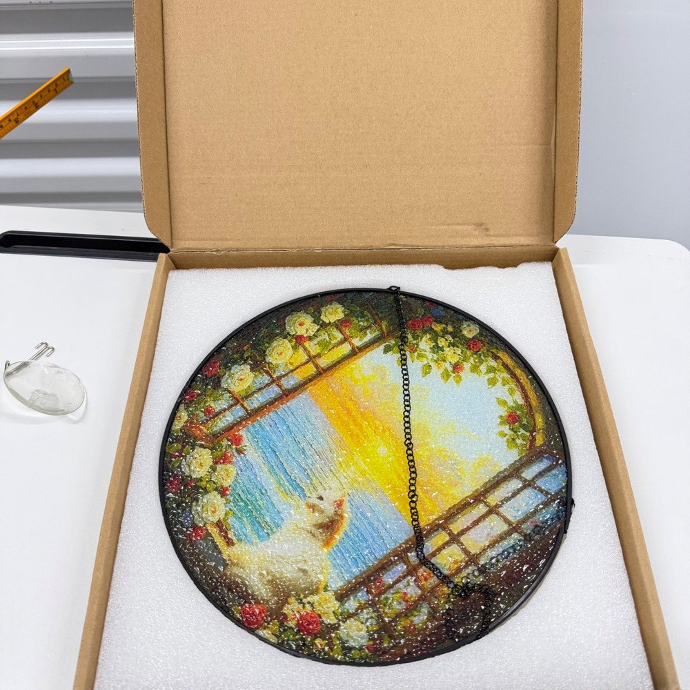 Cat Sunset Suncatcher Stained Glass Style Round Window Hanging Decor 9.25 Inch